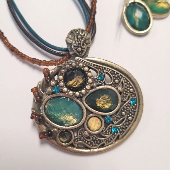 Art to Wear Boho Choker Necklace Earring Set Retro Art Deco Bead Stone Cabochon - Picture 6 of 6